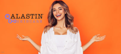 Brunette woman against bright orange backdrop holding hands out to side [Alastin Skincare Logo]